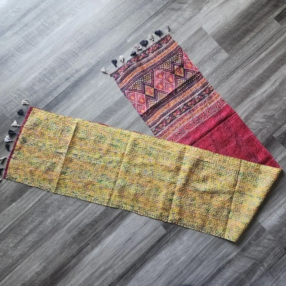 SEVYA Silk Kantha Scarf Table Runner Vintage Sari‎ Tassels Boho 70x12in